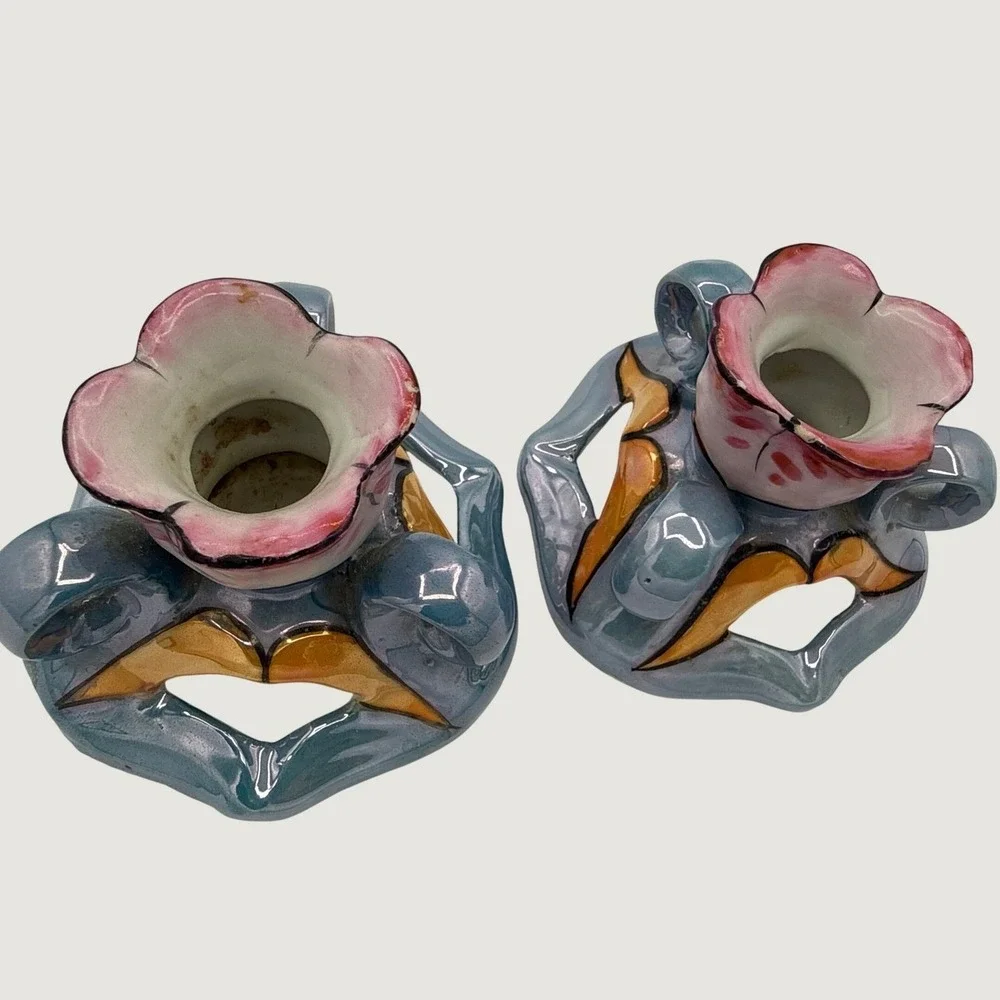 Vintage Handpainted Japan Art Deco Ceramic Candlestick Holders Floral Pair